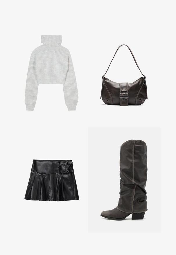 Suéter de punto gris claro, recortado, con cuello alto tipo tortuga, mangas anchas y un patrón ribeteado texturizado. Material suave con un ajuste ligeramente holgado.; Falda de cuero negro con pliegues, cinturilla ancha y dos hebillas en el lateral. Textura suave con un acabado brillante.; Botas de cuero gris hasta la pantorrilla con un diseño holgado, punta afilada y tacón apilado. Detalle de costura notable en la zona de los dedos.; Bolso de hombro de cuero marrón con forma curva, que presenta un prominente detalle de hebilla, costuras en contraste y una sola correa para el hombro.
