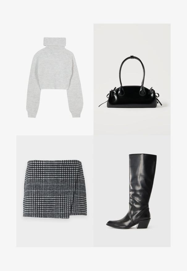 Suéter de punto gris claro, recortado, con cuello alto tipo tortuga, mangas anchas y un patrón ribeteado texturizado. Material suave con un ajuste ligeramente holgado.; Min falda de lana con un patrón de Pied de Poule en blanco y negro, corte recto con un dobladillo ligeramente asimétrico y tejido texturizado.; Bota de cuero negra hasta la rodilla con punta afilada, tacón angular y textura suave. Presenta un sutil acento de costura a lo largo del costado.; Pequeño bolso negro brillante con dos asas largas y detalles de cordón lateral sobre un fondo claro liso.