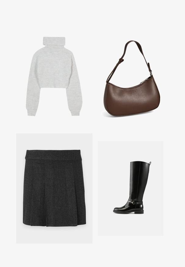 Suéter de punto gris claro, recortado, con cuello alto tipo tortuga, mangas anchas y un patrón ribeteado texturizado. Material suave con un ajuste ligeramente holgado.; Falda negra con pliegues hecha de tejido texturizado. Cintura de altura media con líneas limpias. Corte clásico adecuado para diversas ocasiones.; Botas negras hasta la rodilla hechas de cuero brillante, con un detalle de hebilla plateada en el tobillo y un diseño de punta redondeada. Suela plana.; Pequeño bolso bandolera de cuero marrón con correa ajustable y cierre de cremallera, mostrado sobre un fondo blanco. Sin logotipos ni adornos visibles.