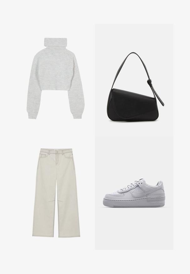 Lys grå, cropped striktrøje med høj turtleneck, brede ærmer og struktureret ribbet mønster. Blødt materiale med en lidt løs pasform.; Lysegrå bredbenede bukser med fem lommer, frontknaplukning og kontrastsyninger langs sømmen. Stoffet ser blødt og slidstærkt ud.; Grå Nike Air Force 1 sneakers med perforeret tå, glat læderoverdel, tyk sål og præget 'AIR' detalje på hælen.; Sort læderhåndtaske med en triangular form, skrå klap og et rundt håndtag. Har en glat overflade og minimalistiske design detaljer.