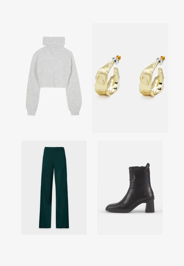 Suéter de punto gris claro, recortado, con cuello alto tipo tortuga, mangas anchas y un patrón ribeteado texturizado. Material suave con un ajuste ligeramente holgado.; Pantalones verde oscuro de corte recto con trabillas para cinturón, cremallera frontal y perneras anchas, colocados planos sobre un fondo blanco.; Botín negro de cuero hasta el tobillo con punta redonda, paneles laterales texturizados y un tacón grueso. Acabado suave y diseño minimalista.; Pendientes en tono dorado con forma de manos abstractas, que presentan una superficie brillante, detalles intrincados y un poste de plata y oro para un ajuste seguro.