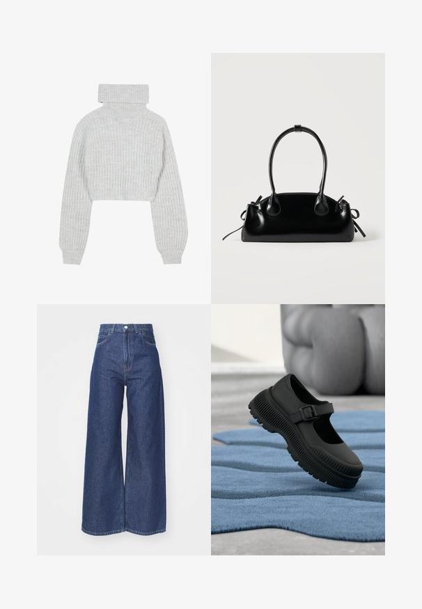 Suéter de punto gris claro, recortado, con cuello alto tipo tortuga, mangas anchas y un patrón ribeteado texturizado. Material suave con un ajuste ligeramente holgado.; Jeans de pierna ancha hechos de denim azul oscuro. Diseño de altura alta con cremallera y cierre de botón. Cuenta con el estilo clásico de cinco bolsillos y bordes rematados.; Zapato negro estilo Mary Jane con suela gruesa acanalada y correa con hebilla, sobre una alfombra azul texturizada con fondo desenfocado.; Pequeño bolso negro brillante con dos asas largas y detalles de cordón lateral sobre un fondo claro liso.