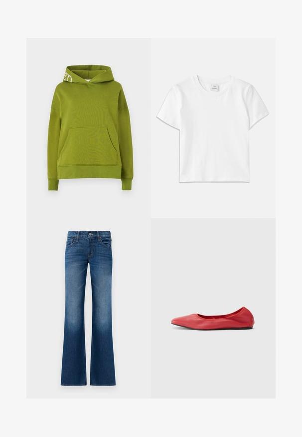 Sudadera con capucha verde hecha de un tejido suave, que presenta un bolsillo frontal y un detalle de letras blancas en el borde de la capucha. Corte relajado.; Camiseta de algodón blanca con cuello redondo, mangas cortas y dobladillo recto. Etiqueta con la marca "Won Hundred" en el centro del escote.; Vaqueros acampanados en denim azul oscuro, con una textura suave, diseño de cinco bolsillos, cierre frontal con botón y un ligero desvanecimiento cerca del dobladillo.; Filippa K REY FLATS - Bailarinas - bright red