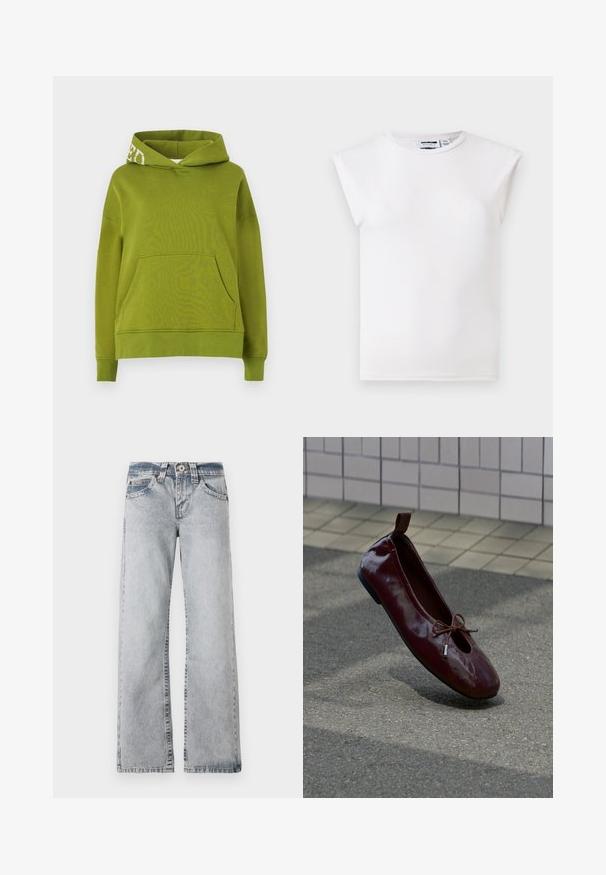 Sudadera con capucha verde hecha de un tejido suave, que presenta un bolsillo frontal y un detalle de letras blancas en el borde de la capucha. Corte relajado.; Top blanco sin mangas con cuello redondo y detalles acolchados en los hombros, fabricado con tejido liso, mostrado sobre un fondo neutro.; Vaqueros de mezclilla azul claro con un diseño de pierna ancha. Cintura estándar, estilo de cinco bolsillos y costuras visibles a lo largo de las costuras.; Zapato plano de ballet rojo oscuro brillante con un pequeño lazo en la parte superior, colocado en posición vertical sobre un suelo texturizado cerca de un fondo con pared de azulejos.