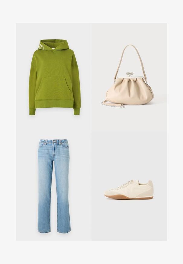 Sudadera con capucha verde hecha de un tejido suave, que presenta un bolsillo frontal y un detalle de letras blancas en el borde de la capucha. Corte relajado.; RE/DONE THE SANASA - Vaqueros boyfriend - media noche; Zapatillas deportivas color beige claro con parte superior de cuero texturizado, paneles laterales texturizados y suela de goma. Presentan un diseño elegante y estilizado con cordones planos.; Bolso de mano de cuero suave beige con cierre de marco metálico plateado, una correa para el hombro y una correa de cadena opcional sobre un fondo blanco.