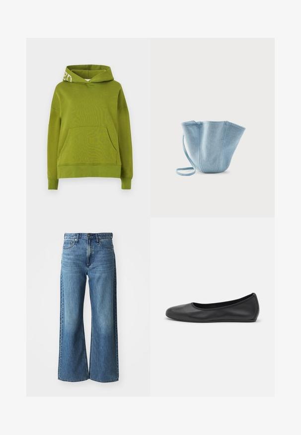 Groene hoodie gemaakt van zachte stof, met een voorzak en witte letters op de rand van de capuchon. Relaxte pasvorm.; Wijdvallende blauwe spijkerbroek van denim met een middelhoge tailleband, vijf zakken en subtiele vervaging. Kenmerken zijn onder andere riemlussen en gestikte details.; Zwarte leren ballerina met een ronde neus, gladde textuur, minimale stikdetails en een flexibele zoolontwerp.; Lichtblauwe stoffen emmerentas met lange band, brede bovenopening en gestikte verticale naden, afgebeeld tegen een effen witte achtergrond.