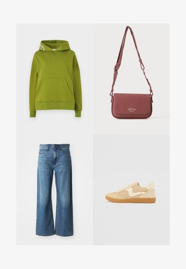 Grüner Kapuzenpullover aus weichem Stoff, mit einer Fronttasche und weißen Schriftzügen am Rand der Kapuze. Lässiger Schnitt.; Weite blaue Jeans mit mittelhohem Bund, fünf Taschen und subtilen Ausbleichungen. Merkmale sind Gürtelschlaufen und gestickte Details.; Beige Sneaker aus Wildleder und Mesh-Materialien, runde Form, auffälliger gepolsterter Kragen und eine Sohle aus Gummi. Verfügt über ein wellenförmiges Design-Highlight.; Kleine strukturierte mauve Leder-Umhängetasche mit verstellbarem Riemen und Klappverschluss mit eingeprägtem silbernem Markenlogo.