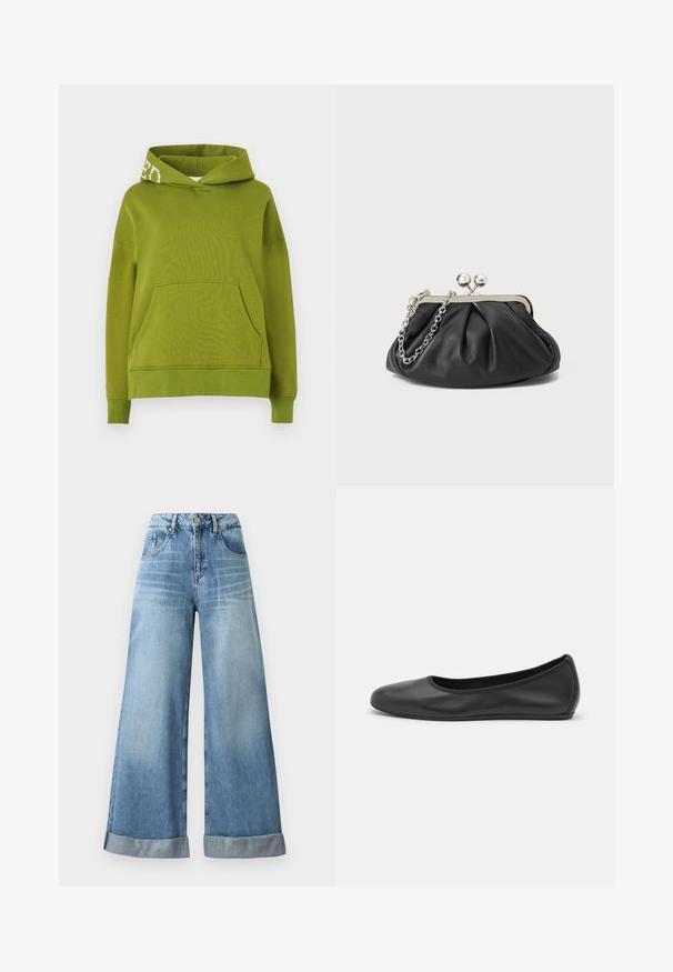 Sweatshirt à capuche vert en tissu doux, avec une poche avant et des détails en lettres blanches sur le bord de la capuche. Coupe décontractée.; Jeans en denim bleu clair à jambe large avec taille haute, dotés d'une fermeture à bouton, de cinq poches et de revers au bas.; Ballerines en cuir noir avec un bout rond, texture lisse, détails de couture minimalistes et design de semelle flexible.; Porte-monnaie en cuir noir avec texture froncée, cadre en métal argenté, fermeture à verrouillage kiss-lock et bandoulière en chaîne. Surface lisse et douce.