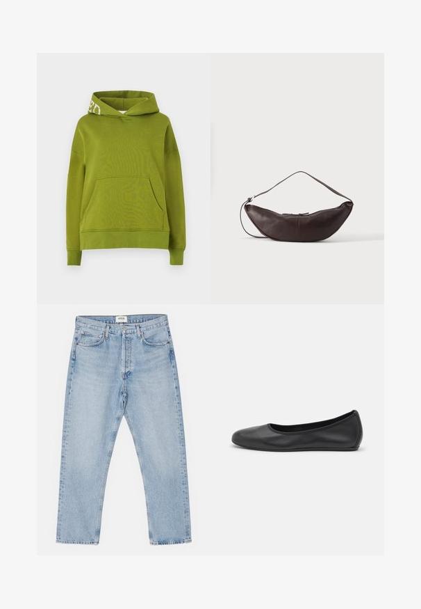 Grøn hættetrøje lavet af blødt stof, med en frontlomme og hvidt tekstdetalje på hættens kant. Loose fit.; Lysblå denimjeans med en klassisk lige skåret ben, fem lommer og knaplukning, der har en subtil falmet effekt og en robust tekstur.; Sort læderballetsko med rund tå, glat tekstur, minimal syning og et fleksibelt såldesign.; Mørkebrun læder skuldertaske i halvmåneform med buet rem og synlige syninger på ensfarvet baggrund.