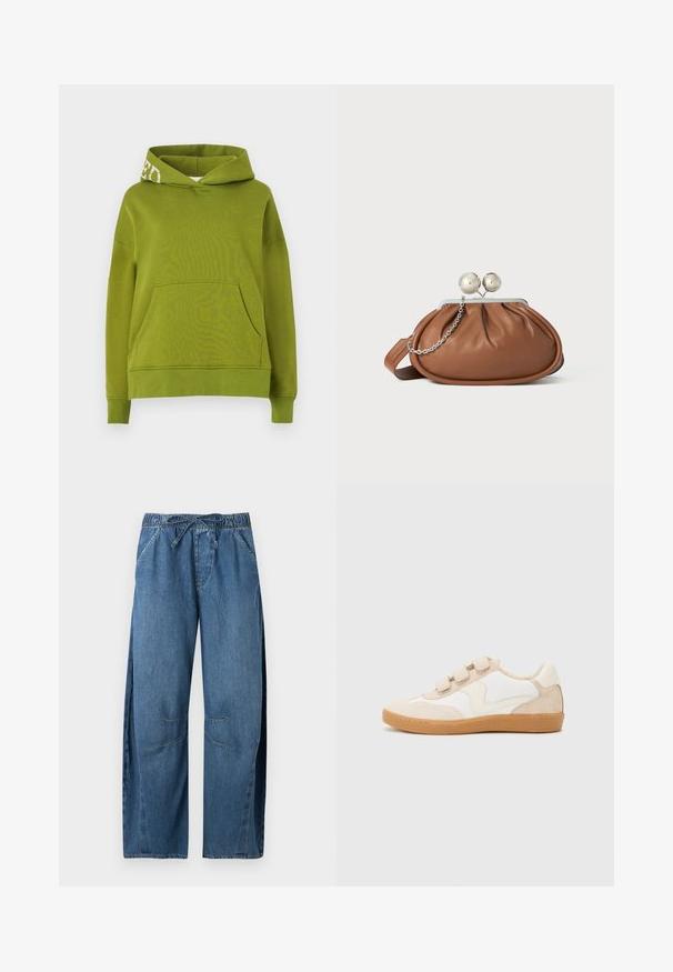Grüner Kapuzenpullover aus weichem Stoff, mit einer Fronttasche und weißen Schriftzügen am Rand der Kapuze. Lässiger Schnitt.; Locker sitzende blaue Jeanshose mit elastischem Bund und Kordelzug, mit Seitentaschen und genähten Kniedetails.; Sneaker aus weißem und beigem Leder mit Wildlederakzenten, runder Spitze, drei Klettverschlussbändern und einer Sohle aus Gummi.; Braune Leder-Clutch mit silbernem Kugelverschluss und einem kleinen silbernen Kettendetail auf weißem Hintergrund.