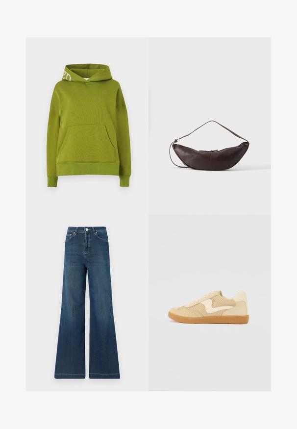 Sudadera con capucha verde hecha de un tejido suave, que presenta un bolsillo frontal y un detalle de letras blancas en el borde de la capucha. Corte relajado.; Jeans de pierna ancha en denim azul oscuro, con una cintura alta, herrajes en cobre y un ligero desvanecimiento. Bajo limpio sin patrones adicionales.; Zapatillas beige con materiales de ante y malla, forma redondeada, cuello acolchado prominente y suela de goma. Presenta un diseño en forma de ola como acento.; Bolso de hombro de cuero marrón oscuro en forma de media luna con una correa curva y costuras visibles sobre un fondo liso.