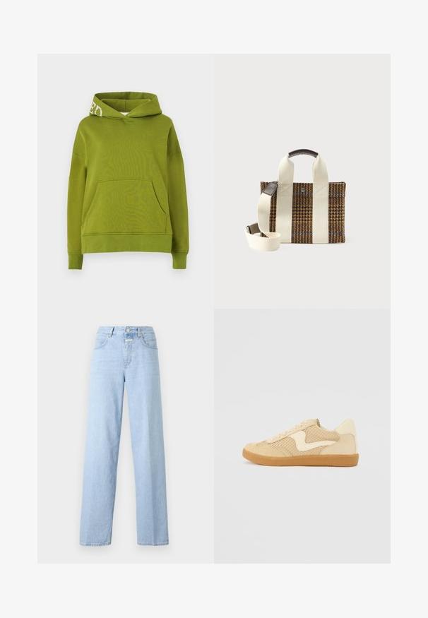 Sudadera con capucha verde hecha de un tejido suave, que presenta un bolsillo frontal y un detalle de letras blancas en el borde de la capucha. Corte relajado.; Jeans de tiro alto azul claro con corte recto. Hechos de denin, cuentan con cinco bolsillos y un cierre delantero con botón. Diseño minimalista.; Zapatillas beige con materiales de ante y malla, forma redondeada, cuello acolchado prominente y suela de goma. Presenta un diseño en forma de ola como acento.; Bolso tote en print de pata de gallo marrón y negro con asas anchas en crema, empuñadura de cuero y correa de hombro ajustable en crema sobre fondo blanco.