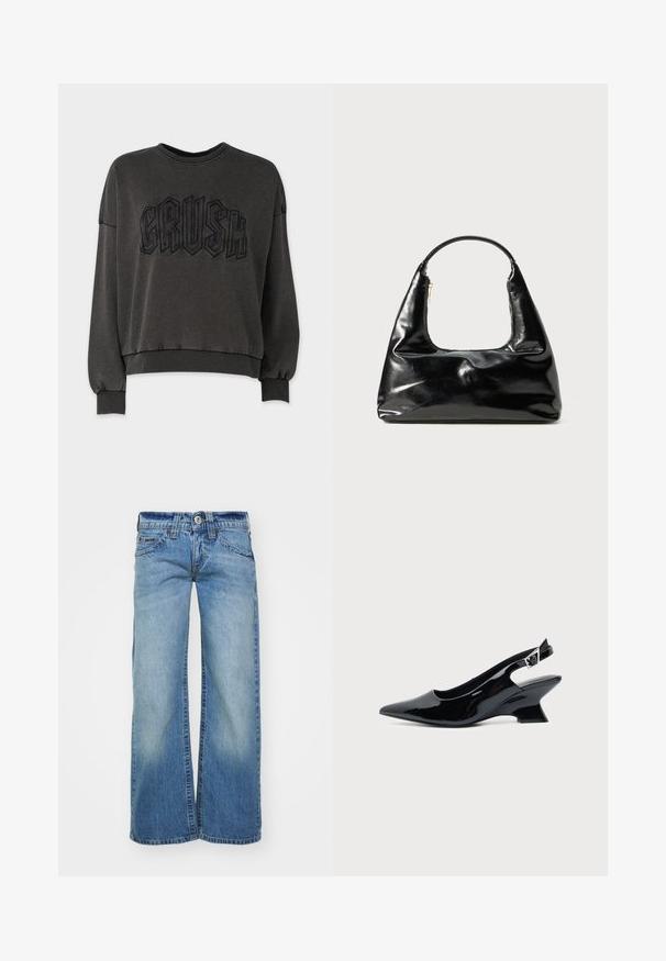 Dunkelgrauer Sweatshirt mit einem gekürzten Design, das ein erhabenes schwarzes "CRUSH"-Grafikmotiv auf der Vorderseite, Rippbündchen und einen gerippten Kragen aufweist.; Hellblaue weit geschnittene Jeans aus Denim-Stoff mit einer ausgewaschenen Optik, fünf Taschen und einem Knopfverschluss mit Gürtelschlaufen.; Schwarzer Slingback-Schuh aus Lackleder mit spitzer Spitze und niedrigem, schrägem Blockabsatz auf einfachem hellem Hintergrund.; Schwarze Lacklederhandtasche mit einem halbkreisförmigen Griff, trapezförmiger Form, glatter Oberfläche und einem einzigen Reißverschlussdetail.