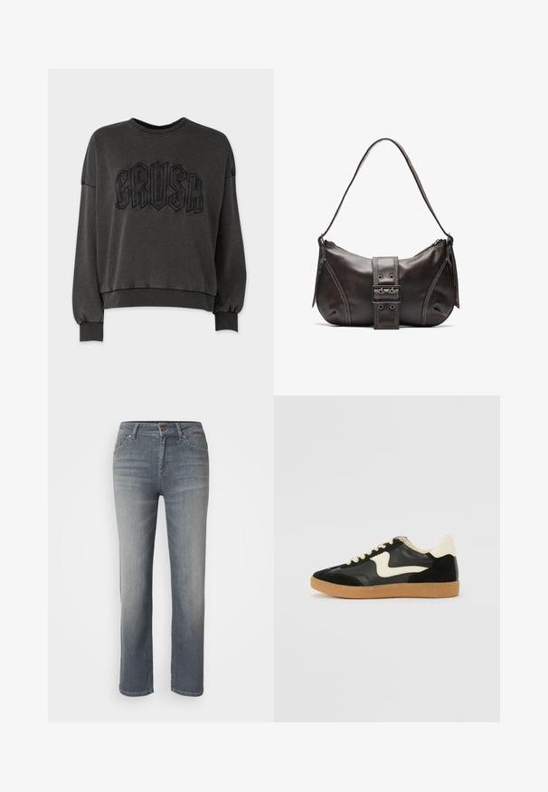 Dunkelgrauer Sweatshirt mit einem gekürzten Design, das ein erhabenes schwarzes "CRUSH"-Grafikmotiv auf der Vorderseite, Rippbündchen und einen gerippten Kragen aufweist.; Graue Jeans aus Denim mit geradem Schnitt, Fünf-Taschen-Design, Knopf- und Reißverschluss sowie leicht ausgewaschenem Finish.; Schwarze Wildleder- und Leder-Sneaker mit einem cremefarbenen Seiten-Swoosh und einer hellcremefarbenen Ferse. Ausgestattet mit beige Schnürsenkeln und einer Gummilaufsohle.; Braune Lederumhängetasche mit gebogener Form, die mit einem auffälligen Schnallendetail, kontrastierenden Nähten und einem einzigen Schulterriemen ausgestattet ist.
