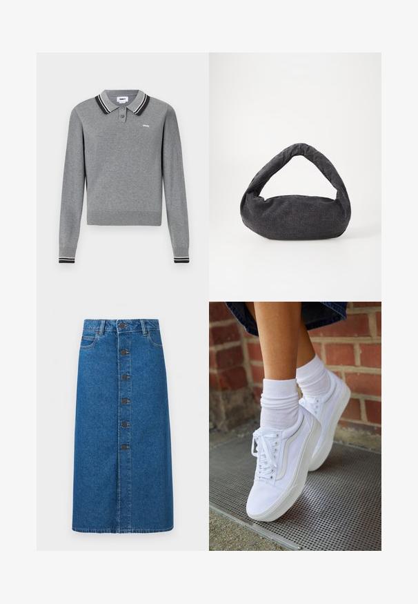 Polo gris à manches longues avec col et poignets rayés noir et blanc, deux boutons et petit logo "obey" sur la poitrine.; Jupe midi en denim bleu avec fermeture à boutons sur le devant, passants pour ceinture, et poches latérales, présentée sur un fond blanc uni.; Baskets en toile blanches avec semelles en caoutchouc, dotées de six œillets, d'un bout rond et de détails de couture légers, portées avec des chaussettes blanches mi-mollet.; Sac en tissu gris foncé avec une anse courbée, texture douce et forme arrondie. Pas de matériel ou d'embellissements visibles.
