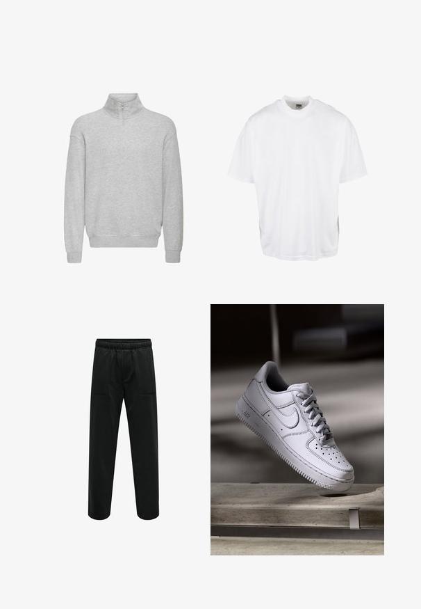 Sweat-shirt gris clair à manches longues avec un col montant, une fermeture éclair devant sur la moitié, des poignets et un ourlet côtelés.; T-shirt en coton blanc avec une coupe décontractée, des manches courtes et un col rond, présentant un ourlet droit et sans graphiques ni motifs visibles.; Pantalons de survêtement noirs en tissu doux avec une taille élastique, deux poches avant et une coupe droite ample.; La basket Nike Air Force 1 en cuir blanc présente un embout perforé, des lacets plats et une semelle en caoutchouc texturée avec le logo « AIR » sur le côté.