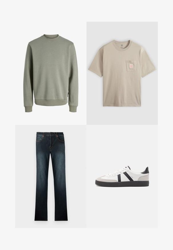 Sweatshirt vert olive à manches longues avec col rond, poignets et ourlet côtelés, design uni, présenté sur fond blanc.; T-shirt beige en coton à manches courtes avec poche poitrine ornée d'une petite étiquette rouge et blanche, présenté sur un fond uni.; Jean en denim bleu foncé avec une coupe droite, style cinq poches, rivets en cuivre et fermeture par bouton. Texture lisse avec un minimum de décoloration.; Baskets blanches avec des accents noirs et gris, présentant un embout texturé gris, une semelle en caoutchouc noir et des lacets plats blancs. Design épuré, style minimaliste.