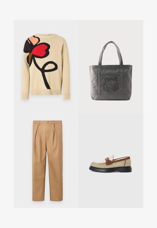 Pull beige en tricot avec un grand motif floral en rouge, rose et noir. Il présente un col rond ainsi que des poignets et un ourlet côtelés.; Pantalons en coton beige avec une coupe décontractée, un design plissé, une taille avec fermeture à bouton, et une coupe droite. Texture lisse sans motifs.; Loafer avec des panneaux en suède beige, rose clair et marron, accent en boucle en métal doré et semelle épaisse en caoutchouc noir avec un motif de crans.; Sac fourre-tout en toile grise avec deux anses et une poche avant ornée d'un motif de tête de loup cousu.