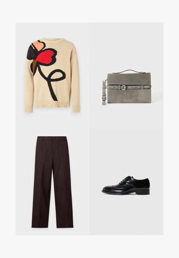 Pull beige en tricot avec un grand motif floral en rouge, rose et noir. Il présente un col rond ainsi que des poignets et un ourlet côtelés.; Pantalon droit marron foncé avec passants de ceinture, fermeture par bouton et pli sur le devant, présenté sur fond blanc.; Chaussure de ville en cuir noir avec une finition polie, bout rond, design à lacets et un petit talon empilé, présentant un détail de couture subtil.; Pochette rectangulaire en daim gris avec poignée supérieure, bandoulière détachable et détail de ceinture à boucle argentée sur le rabat avant.