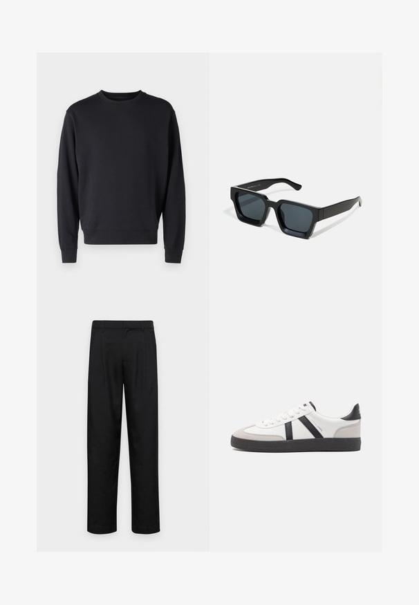 Sort sweatshirt lavet af en bomuldsblanding med rund hals, lange ærmer og ribstrikkede manchetter og kant. Glat tekstur, minimalistisk design.; Sorte bukser lavet af glat stof, med et lige ben-design, to frontfolder og en standard talje med bæltestropper.; Hvide sneakers med sorte og grå detaljer, med en tekstureret grå tåhætte, sort gummisål og flade hvide snørebånd. Rent design, minimalistisk stil.; Sorte rektangulære solbriller med mørke linser. Tyk, glat plastikramme med let blank finish og lige stænger.