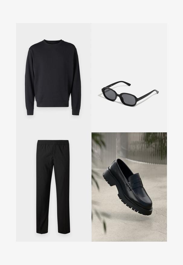 Sort sweatshirt lavet af en bomuldsblanding med rund hals, lange ærmer og ribstrikkede manchetter og kant. Glat tekstur, minimalistisk design.; Sorte bukser med lige ben og elastisk taljebånd, ingen synlige lommer eller pynt.; Sorte læder loafers med en chunky sål, der har en dekorativ rem og syninger. Glat tekstur med en poleret overflade.; Zign Solbriller - black