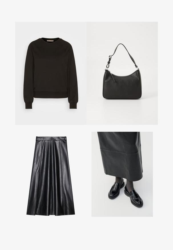 Must-Black särgid, millel on ümmargune kaelus, pikad raglan-sleevad, elastsed mansetid ja kohandatud hem. Valmistatud pehmest kangast, minimalistlik disain.; Mustast nahast A-line seelik plisseeringutega, millel on sile tekstuur, tihe vöökoht ja nähtavad õmbluse detailid. Ilma lisakaunistusteta.; Mustad nahast loafertossud sileda pinnaga, dekoratiivse rihma, ümarate varvaste ja tekstuuriga tallaga. Kanda pikkade mustade nahkseelikutega.; Must musta käekott, millel on kumer kuju, üks rihm, lukuga sulgemine ja peen brändimine esiküljel. Sile tekstuur, minimalistlik disain.
