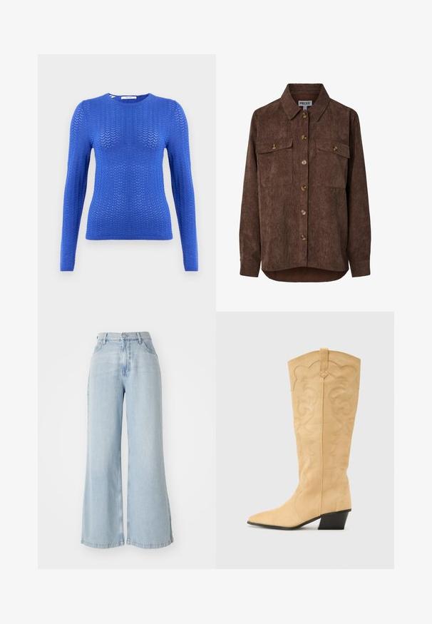 Blauwe gebreide trui met lange mouwen, een textuurpatroon, ronde halslijn en geribbelde zoom, met een slank-fit ontwerp.; Bruine ribfluwelen blouse met knopen, lange mouwen, twee klepzakken aan de voorkant en een kraag.; Lichtblauwe wijde jeans van denim. Heeft een hoge taille, sluiting met voorknop en twee zijzakken. Versleten textuur langs de randen.; RAID VAANYA - Cowboy-/Bikerlaarzen - nude