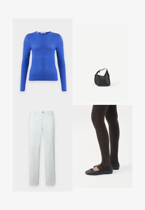 Blauwe gebreide trui met lange mouwen, een textuurpatroon, ronde halslijn en geribbelde zoom, met een slank-fit ontwerp.; Lichtgrijze broek van katoenmix stof; recht gesneden met een zachte textuur, voorzien van een knoop aan de voorkant en standaard zakken.; Benen met donkere geribbelde leggings gecombineerd met zwarte ballerina's met kleine strikdetails op een witte achtergrond.; Zwarte lederen schoudertas met een afgeronde driehoekige vorm en verstelbare riem op een effen lichte achtergrond.