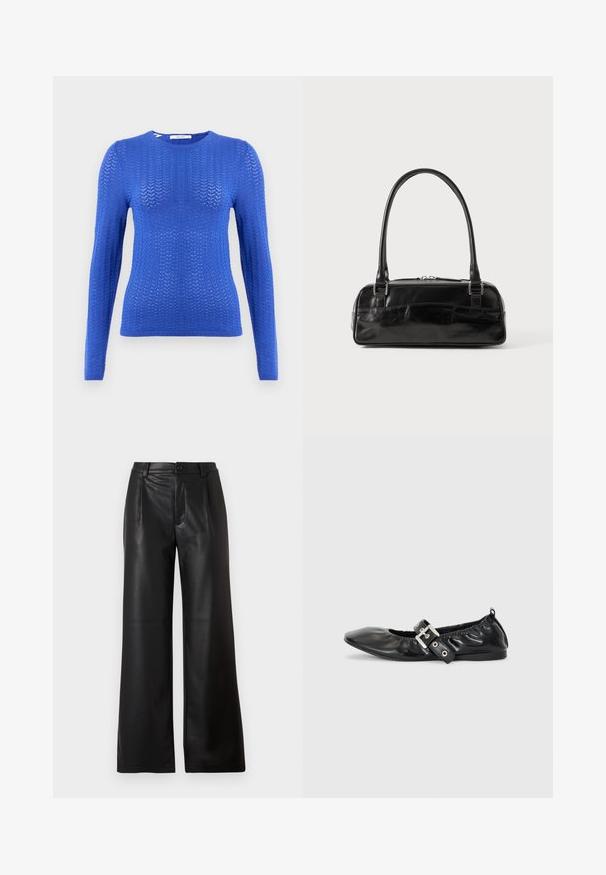 Sininen neulottu pitkähihainen neuletakki, jossa on tekstuurikuvio, pyöreä pääntie ja ribbaushelma, omaa slim fit -muotoilun.; Mustat leveälahkeiset housut, jotka on tehty sileästä nahasta ja joissa on etupainike sekä kaksi viistopainiketta etupuolella.; Musta nahkainen tasapohjainen kenkä, jossa on terävä kärki, rypytetty yksityiskohta aukon ympärillä ja hopeinen solki koristeluna säädettävässä hihnassa.; Musta nahkainen käsilaukku suorakulmaisen muotoisena, jossa on yksi rakenteellinen kahva, hopeiset yksityiskohdat ja vetoketjukiinnitys. Suuri tekstuuri.