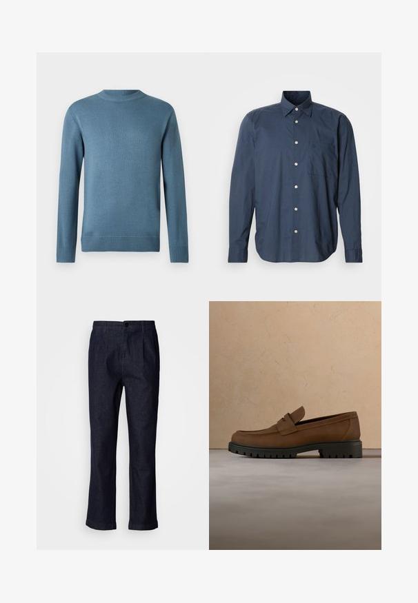 Pull en tricot à manches longues bleu avec col rond et finitions côtelées aux poignets, au col et à l'ourlet, présenté sur un fond blanc uni.; Chemise bleu marine à manches longues, à motif à petits carreaux, avec une poche poitrine unique et des boutons blancs sur fond uni.; Pantalon en denim bleu foncé à coupe droite, avec fermeture à boutons sur le devant, plis et poches latérales. Texture lisse avec des lignes épurées.; Mocassin en cuir marron foncé avec semelle épaisse en caoutchouc noir présenté au-dessus d’un tapis beige et d’un canapé en arrière-plan.