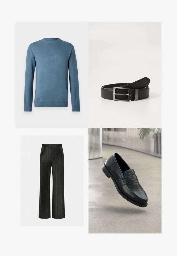 Pull en tricot à manches longues bleu avec col rond et finitions côtelées aux poignets, au col et à l'ourlet, présenté sur un fond blanc uni.; Pantalon noir à jambes larges avec fines rayures verticales blanches, bouton et passants à la taille.; Mocassin en cuir noir à texture lisse, bout pointu et bande décorative sur le cou-de-pied. Semelle légère, design minimaliste.; Ceinture en cuir noir avec une boucle en métal argenté, présentant une finition lisse et un design classique. La ceinture est soigneusement pliée.