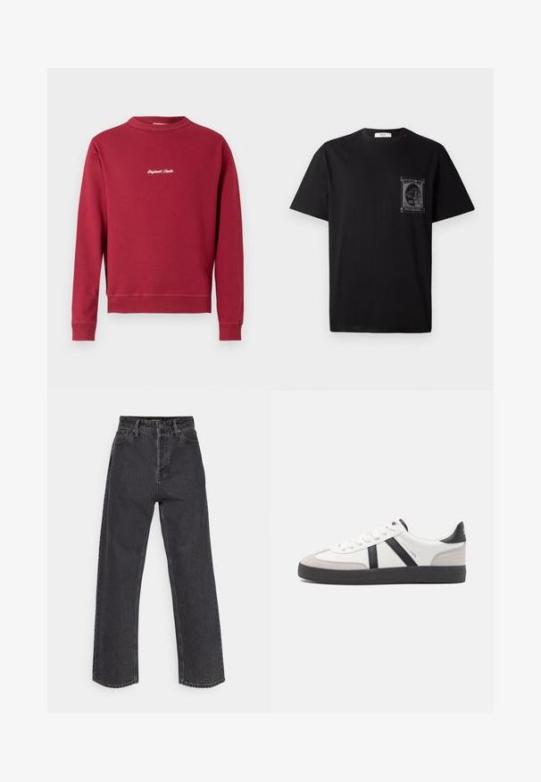 Burgunderfarbener Sweatshirt aus Baumwollmischung mit Rundhalsausschnitt, gerippten Bündchen und Saum. Auf der Vorderseite befindet sich der weiße gestickte Text "Original Studio".; Schwarz Baumwoll-T-Shirt mit kurzen Ärmeln, ausgestattet mit einem grafischen Druck auf der linken Brust und einem kleinen roten Akzent am Halsauschnitt.; Hochtaillierte, gerade Jeans aus dunkelgrauem Denim, mit einem klassischen Fünf-Taschen-Design und kontrastierenden Nähten an den Säumen.; Weiße Sneaker mit schwarz- und grau-aczenten, ausgestattet mit einer strukturierten grauen Zehenkappe, schwarzer Gummi-Sohle und flachen weißen Schnürsenkeln. Sauberes Design, minimalistische Stil.