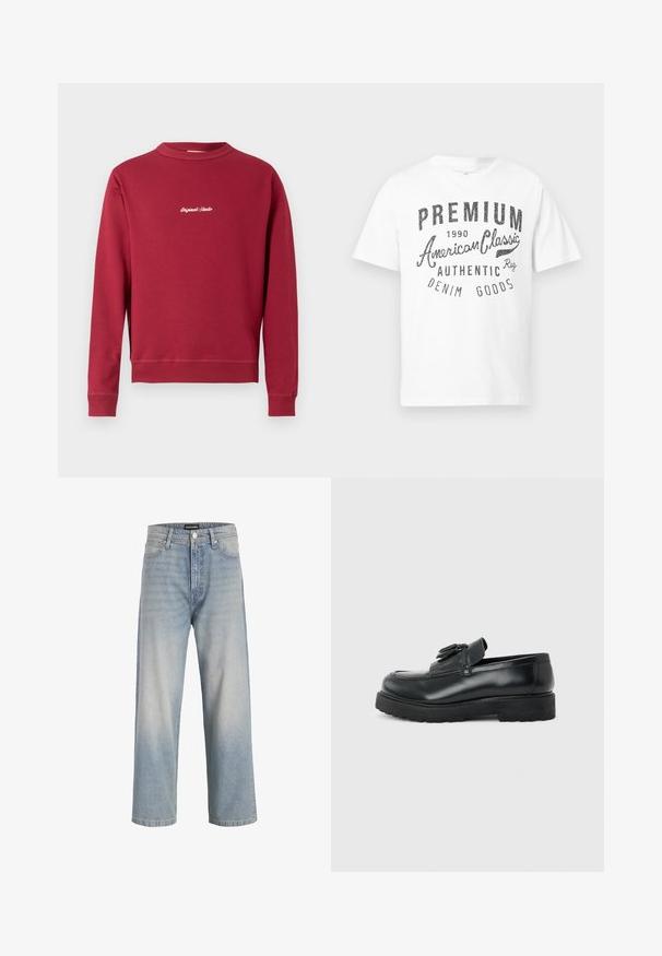 Bordeaux sweatvest van een katoenmix met een ronde hals, ribgebreide manchetten en onderrand. Voorzien van witte geborduurde tekst "Original Studio" op de voorkant.; Wit katoenen T-shirt met zwarte opdruk met de tekst "PREMIUM American Classic 1990 AUTHENTIC DENIM GOODS." Korte mouwen, standaard pasvorm.; Lichtblauwe denim jeans met een recht model, vervaagde uitstraling, vijf zakken en een knoopsluiting bij de taille.; Zwarte leren loafer met kwastjes, dikke rubberen zool en lage hak, zijaanzicht op een effen achtergrond.