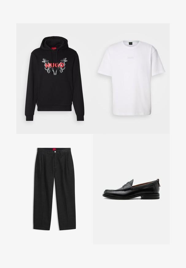 Sort hættetrøje med et stort grafisk motiv af to hunde og mærkenavnet "HUGO" i rødt. Har en frontlomme og snøre i hætten.; Hvid bomulds T-shirt med korte ærmer, rund halsudskæring og præget "BOSS" logo på brystet. Glat tekstur, standard pasform.; Sorte bukser med høj talje med forreste læg, bæltestropper, knap og lynlås lukning samt en rød label indeni linningen.; Sort læder herre loafer med moc-tå syning, penny strop, struktureret krave og lav stablet hæl på hvid baggrund.