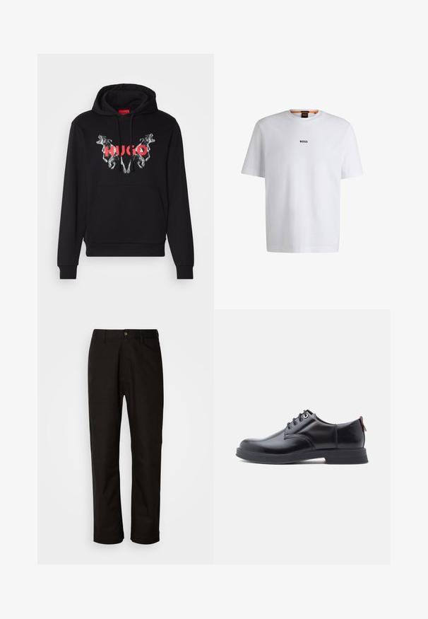 Sort hættetrøje med et stort grafisk motiv af to hunde og mærkenavnet "HUGO" i rødt. Har en frontlomme og snøre i hætten.; Hvid bomuld T-shirt med korte ærmer, med et sort "BOSS" logo centreret på brystet og en rund halsudskæring.; Sorte bomuldsbukser med lige pasform, bæltestropper, lynlås foran og en enkelt knappelukning. Glat tekstur uden synlige mønstre.; Sorte snørestøvler i læder med glat tekstur, rundet tå og diskrete syningsdetaljer. Har en rød trækflig på hælen.