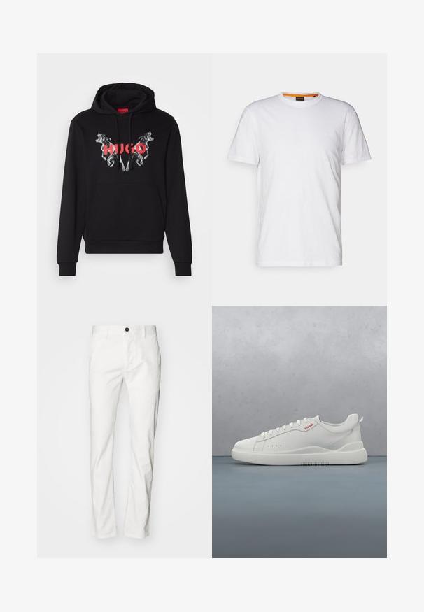 Sort hættetrøje med et stort grafisk motiv af to hunde og mærkenavnet "HUGO" i rødt. Har en frontlomme og snøre i hætten.; Hvid bomulds T-shirt med rund hals, korte ærmer og et subtilt præget logo på brystet. Indvendigt mærke har en orange detalje.; Hvide bomuldsbukser med lige snit, der har knaplukning og lommer, glat tekstur og minimalistisk stil.; Hvide sneakers med en glat læderfinish, rund tå, fire snørehuller, subtile perforeringer og en rød logo detalje på siden.
