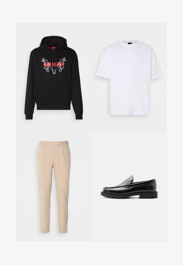 Sort hættetrøje med et stort grafisk motiv af to hunde og mærkenavnet "HUGO" i rødt. Har en frontlomme og snøre i hætten.; Hvid bomulds T-shirt med rund hals, korte ærmer og en afslappet pasform. Har strukturerede skuldersømme for ekstra detaljer.; Beige bukser med en slim fit, lavet af vævet materiale. Har en enkelt knaplukning, plisseret front og lige ben.; Sort læderloafer med chunky gummisål, syet overdel og præget mærkenavn på hælen, vist i sideprofil på hvid baggrund.