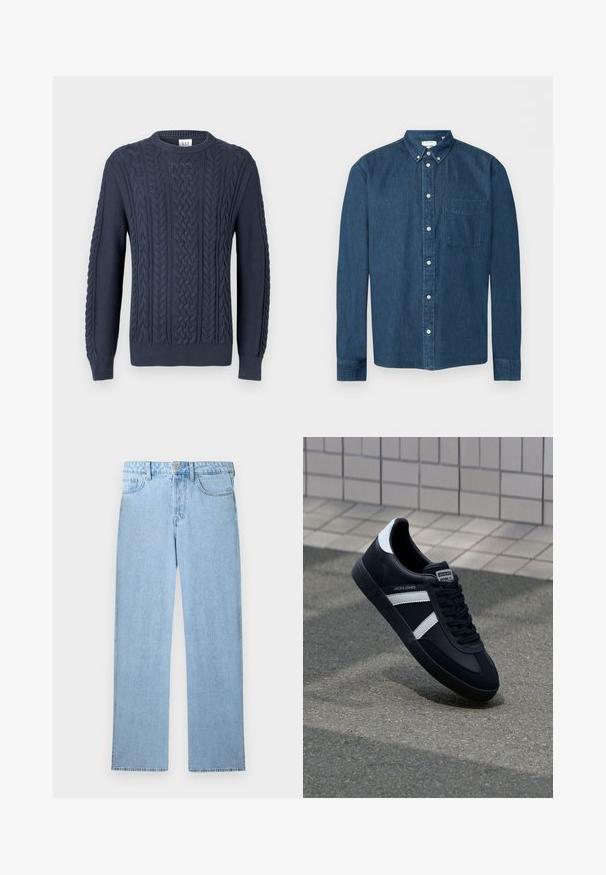 Pull en maille torsadée bleu marine avec un col rond, des poignets et un ourlet côtelés, présentant un motif texturé et un design tissé.; Chemise en denim bleu foncé boutonnée, manches longues, une poche avant à gauche et un col boutonné, présentée sur fond blanc.; Jean denim bleu clair taille haute avec jambe droite, fermeture à bouton et zip à l'avant, et design à cinq poches sur fond blanc.; Sneaker en cuir noir avec des rayures blanches, semelle en caoutchouc texturée et devant à lacets. Présente une étiquette de marque sur la languette.