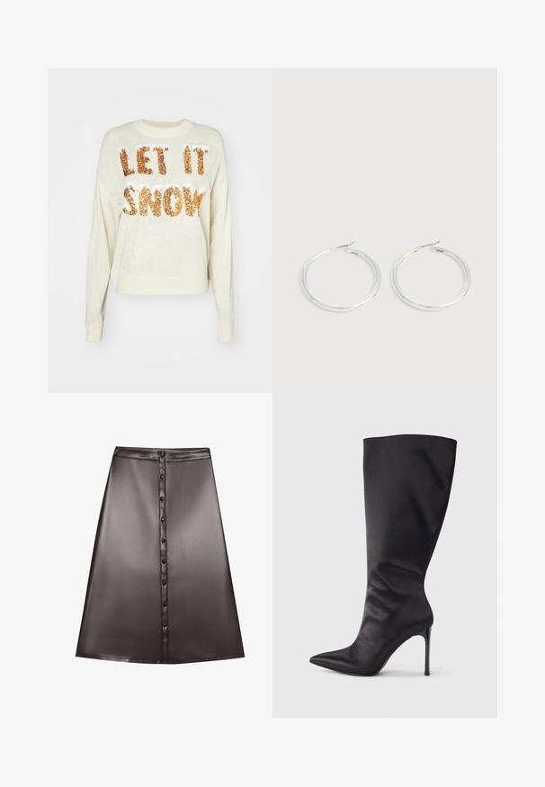 Pull crème avec le texte "LAISSEZ NEIGER" en sequins dorés étincelants, doté d'un col rond et de poignets et d'un ourlet côtelés.; Jupe A-line en simili cuir marron avec une texture lisse, dotée d'une fermeture à boutons à l'avant et d'un ourlet qui tombe au-dessus du genou.; Botte noire haute jusqu'aux genoux en cuir verni lisse et élégant ; bout pointu ; ajustée avec un léger froncé près de la cheville ; talon brillant.; Paire de boucles d'oreilles créoles argentées brillantes avec fermoirs en fil fin, présentée sur un fond gris clair.