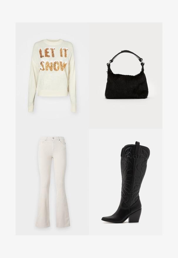 Suéter crema con el texto "QUE NIEVE" en brillantes lentejuelas doradas, con cuello redondo y puños y dobladillo de canalé.; Pantalones de pana beige acampanados con cintura alta, que presentan un cierre de botón metálico, pasadores para cinturón y una textura acanalada visible en toda la prenda.; Botas negras de cuero hasta la rodilla con punta puntiaguda y tacón apilado. Presentan costuras decorativas y elementos de diseño curvados.; Bolso de mano de piel sintética negra con una textura suave, forma redondeada y una resistente correa de cuero negro para el hombro. Acentos de herrajes plateados visibles.