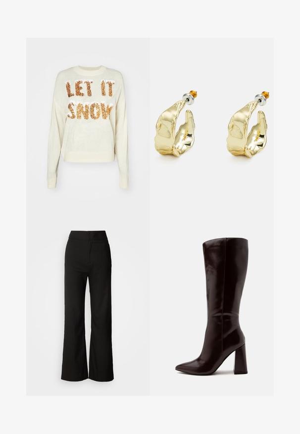 Suéter crema con el texto "QUE NIEVE" en brillantes lentejuelas doradas, con cuello redondo y puños y dobladillo de canalé.; Pantalones de pierna ancha negros con una textura suave, cintura alta y un diseño limpio. Sin bolsillos visibles ni adornos.; Bota alta de cuero marrón oscuro con puntera puntiaguda y tacón ancho sobre un fondo claro y liso.; Pendientes en tono dorado con forma de manos abstractas, que presentan una superficie brillante, detalles intrincados y un poste de plata y oro para un ajuste seguro.