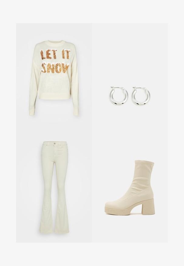 Suéter crema con el texto "QUE NIEVE" en brillantes lentejuelas doradas, con cuello redondo y puños y dobladillo de canalé.; Jeans acampanados en denim de algodón color beige claro, con una cintura alta, diseño de cinco bolsillos y cierre de botón metálico clásico con cremallera.; Botín beige de tobillo hecho de material sintético liso, con una silueta ajustada, tacón grueso texturizado y suela de plataforma.; Pendientes de aro de plata con un acabado pulido, que presentan una forma circular y un cierre de gancho. Textura suave con detalles mínimos.