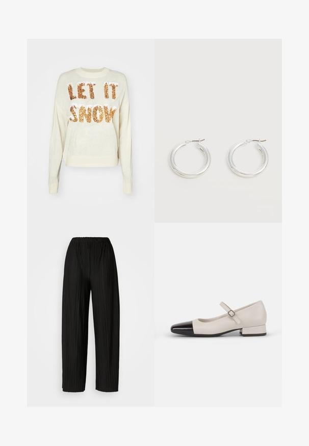 Suéter crema con el texto "QUE NIEVE" en brillantes lentejuelas doradas, con cuello redondo y puños y dobladillo de canalé.; Pantalones anchos de pierna amplia, de color negro, con una cintura elástica. La tela presenta pliegues verticales y una textura suave.; Zapato estilo Mary Jane en cuero crema con puntera de charol negro. Presenta una punta redonda, tirante en el tobillo con una hebilla cuadrada y un tacón bajo y cuadrado.; Par de pendientes de aro plateados brillantes de tamaño mediano con cierres metálicos finos sobre un fondo neutro claro.
