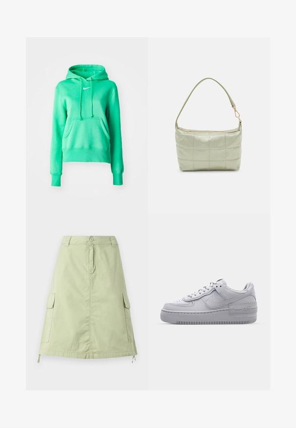 Πράσινη hoodie φτιαγμένη από μαλακό ύφασμα, με μπροστινή τσέπη, κουκούλα με κορδόνι, ribbed μανσέτες και ένα μικρό λευκό λογότυπο στο στήθος.; Φως πράσινη βαμβακερή φούστα μέχρι το γόνατο με δύο πλευρικές τσέπες cargo, κουμπί κλεισίματος και χαλαρή ίσια γραμμή. Μονοχρωμία.; Γκρι Nike Air Force 1 αθλητικό παπούτσι με πορώδη μύτη, λεία δερμάτινη επάνω επιφάνεια, χοντρή σόλα και ανάγλυφη λεπτομέρεια 'AIR' στην φτέρνα.; Πληρωμένη πράσινη τσάντα ώμου με μαλακή υφή, ορθογώνιο σχήμα, μονή ιμάντα και χρυσή φερμουάρ κλείσιμο. Διαθέτει ραμμένο σχέδιο.
