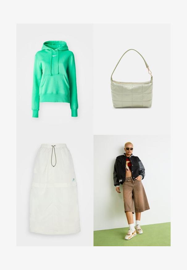 Πράσινη hoodie φτιαγμένη από μαλακό ύφασμα, με μπροστινή τσέπη, κουκούλα με κορδόνι, ribbed μανσέτες και ένα μικρό λευκό λογότυπο στο στήθος.; Μακριά λευκή φούστα από ελαφρύ υλικό. Διαθέτει ελαστική μέση, κορδόνι και ένα μικρό μπλε λογότυπο Nike στο κάτω δεξί μέρος.; Άτομο με κοντά ξανθά μαλλιά, φορώντας γυαλιά ηλίου, μαύρη αθλητική ζακέτα, γραφικό κοντομάνικο μπλουζάκι, καφέ φαρδιά σορτς και λευκά αθλητικά παπούτσια Nike, που στέκεται σε πράσινο πάτωμα.; Πληρωμένη πράσινη τσάντα ώμου με μαλακή υφή, ορθογώνιο σχήμα, μονή ιμάντα και χρυσή φερμουάρ κλείσιμο. Διαθέτει ραμμένο σχέδιο.