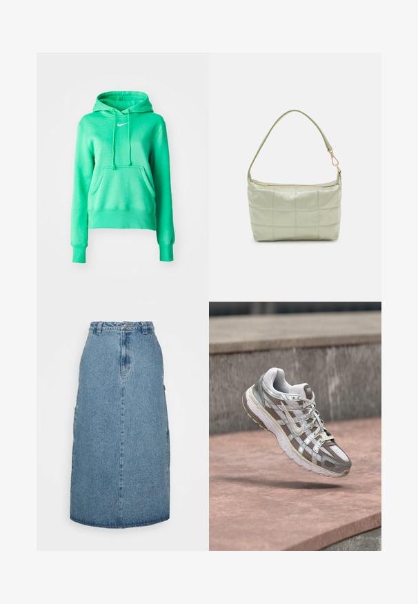 Πράσινη hoodie φτιαγμένη από μαλακό ύφασμα, με μπροστινή τσέπη, κουκούλα με κορδόνι, ribbed μανσέτες και ένα μικρό λευκό λογότυπο στο στήθος.; Obey Clothing JUNIPER MIDI SKIRT - Φούστα σε γραμμή Α - stonewash indigo; Λευκό και γκρι αθλητικό παπούτσι Nike αιωρείται πάνω από μια ροζέ απόχρωση σκυροδέματος με ένα γκρι πέτρινο τοίχο στο φόντο.; Πληρωμένη πράσινη τσάντα ώμου με μαλακή υφή, ορθογώνιο σχήμα, μονή ιμάντα και χρυσή φερμουάρ κλείσιμο. Διαθέτει ραμμένο σχέδιο.