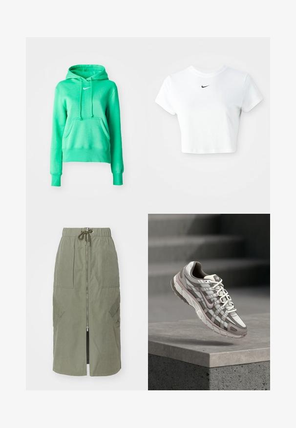 Πράσινη hoodie φτιαγμένη από μαλακό ύφασμα, με μπροστινή τσέπη, κουκούλα με κορδόνι, ribbed μανσέτες και ένα μικρό λευκό λογότυπο στο στήθος.; Λευκό κοντό μπλουζάκι από βαμβάκι, με κοντά μανίκια και στρογγυλή λαιμόκοψη, διακοσμημένο με το μαύρο λογότυπο της Nike στο στήθος.; Λαδί midi φούστα από ελαφρύ ύφασμα, με μπροστινό φερμουάρ, ελαστική μέση και μεγάλες πλενές τσέπες με γωνιακά καπάκια.; Γκρι και λευκό αθλητικό παπούτσι Nike με διχτυωτά και συνθετικά επικάλυψη, κρεμασμένο πάνω από μια τσιμεντένια άκρη με σκάλες στο φόντο.