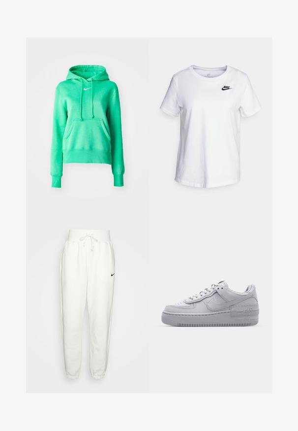 Πράσινη hoodie φτιαγμένη από μαλακό ύφασμα, με μπροστινή τσέπη, κουκούλα με κορδόνι, ribbed μανσέτες και ένα μικρό λευκό λογότυπο στο στήθος.; Λευκή βαμβακερή μπλούζα με στρογγυλή λαιμόκοψη και κοντά μανίκια. Διαθέτει μαύρο λογότυπο Nike στην επάνω αριστερή πλευρά του στήθους.; Λευκά παντελόνια φόρμας φτιαγμένα από μαλακό ύφασμα, με ελαστική μέση και κορδόνι, πλαϊνές τσέπες και μαύρο λογότυπο Nike στο αριστερό μηρό.; Γκρι Nike Air Force 1 αθλητικό παπούτσι με πορώδη μύτη, λεία δερμάτινη επάνω επιφάνεια, χοντρή σόλα και ανάγλυφη λεπτομέρεια 'AIR' στην φτέρνα.