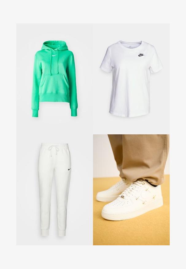 Πράσινη hoodie φτιαγμένη από μαλακό ύφασμα, με μπροστινή τσέπη, κουκούλα με κορδόνι, ribbed μανσέτες και ένα μικρό λευκό λογότυπο στο στήθος.; Λευκή βαμβακερή μπλούζα με στρογγυλή λαιμόκοψη και κοντά μανίκια. Διαθέτει μαύρο λογότυπο Nike στην επάνω αριστερή πλευρά του στήθους.; Λευκά παντελόνια φόρμας από βαμβάκι με ελαστική μέση, κορδόνι και μαύρο λογότυπο Nike στην αριστερή πλευρά. Στενά μανίκια στους αστραγάλους.; Λευκά δερμάτινα αθλητικά παπούτσια με τρυπητή μύτη, χρυσές λεπτομέρειες και επίπεδα κορδόνια, συνδυασμένα με μπεζ παντελόνι πάνω σε μια υφασμάτινη κίτρινη επιφάνεια.