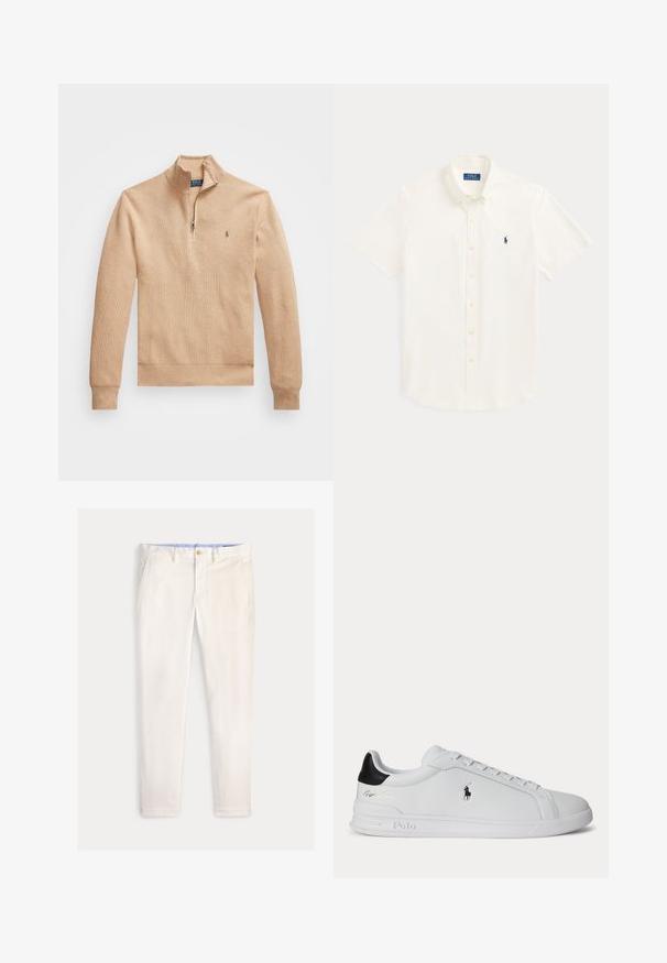 Beige pullover trui met een halve rits kraag, geribde manchetten en zoom, voorzien van een textuur stof en een klein logo op de linkerborst.; Wit overhemd met korte mouwen, knopen, kraag en klein marineblauw Polo Ralph Lauren-logo op de linkerborst.; Slim-fit herensbroek in off-white met voorzakken, riemlussen en een knoopsluiting op een effen achtergrond.; Witte lage sneaker met zwarte hieltab, veters en Polo Ralph Lauren-logo aan de zijkant, met gegraveerde zooldetails.
